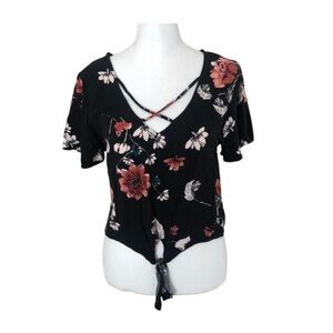 Mudd Black Floral Criss Cross V-Neck Tie Front Short Sleeve Cropped Blouse